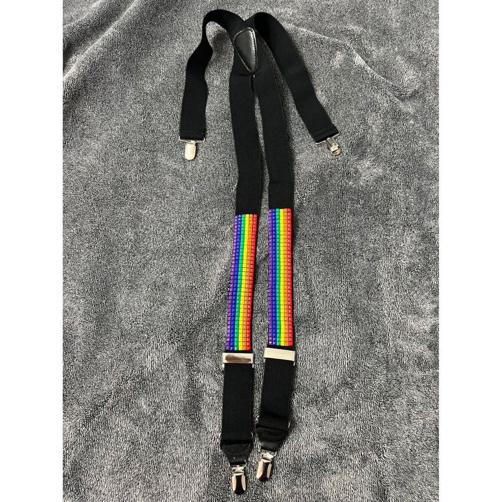 Mens Rainbow Pyramid Studded Suspenders Black Elastic Y-Back Pride Punk Goth - Picture 2 of 4